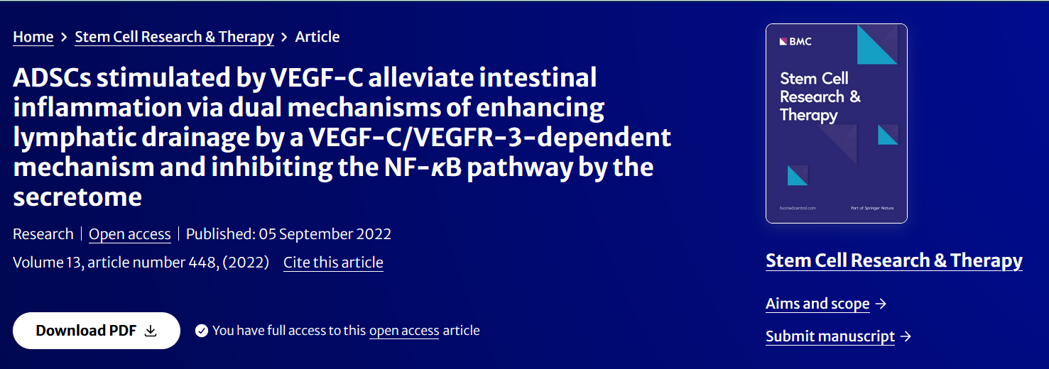 ADSCs stimulated by VEGF-C alleviate intestinal inflammation via dual mechanisms of enhancing lymphatic drainage by a VEGF-C/VEGFR-3-dependent mechanism and inhibiting the NF-κB pathway by the secretome