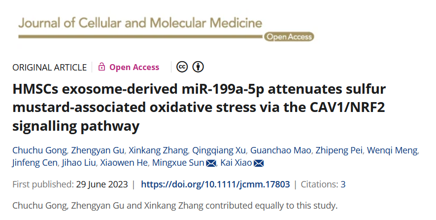 HMSCs exosome-derived miR-199a-5p attenuates sulfur mustard-associated oxidative stress via the CAV1/NRF2 signalling pathway
