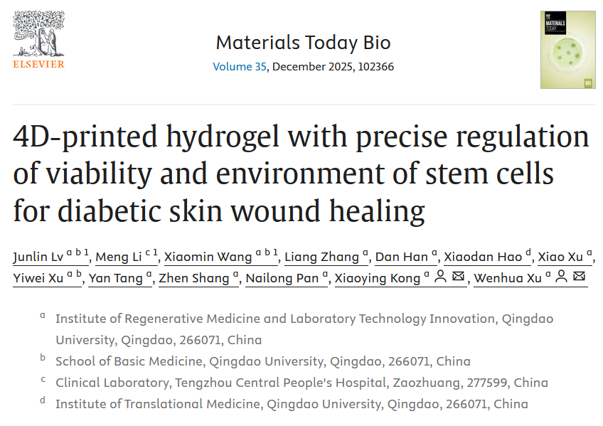 4D-printed hydrogel with precise regulation of viability and environment of stem cells for diabetic skin wound healing