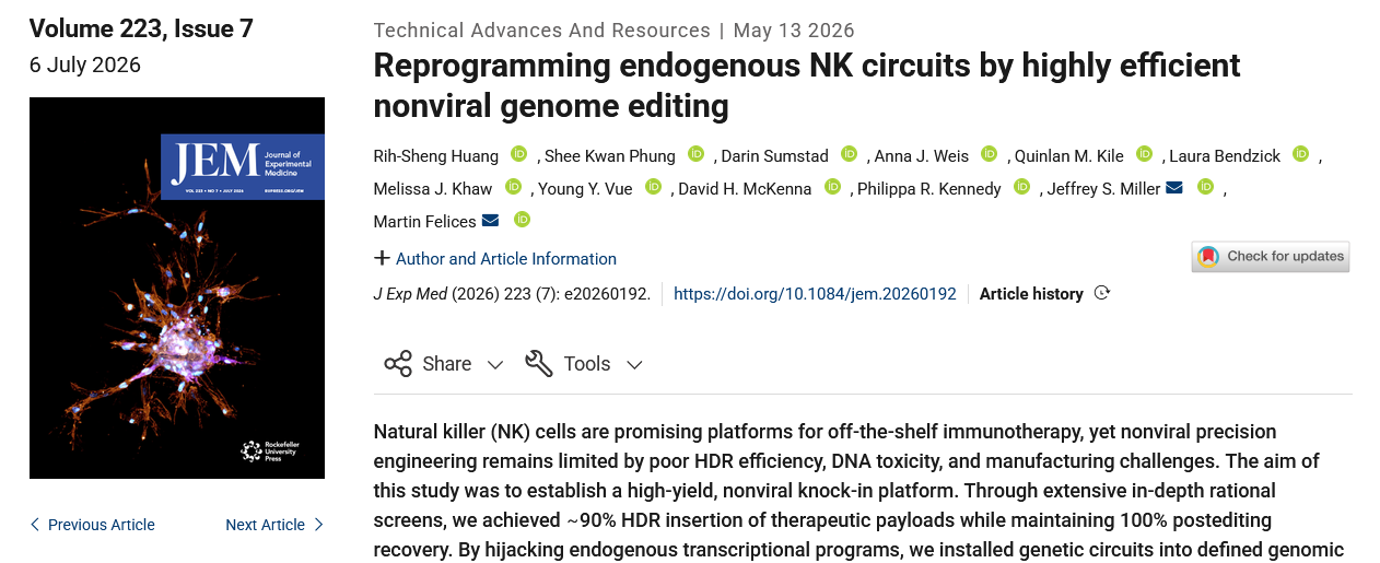 Reprogramming endogenous NK circuits by highly efficient nonviral genome editing